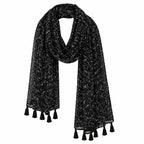 Women's Black Chiffon Scarf with Tassel Ends, Abstract Print