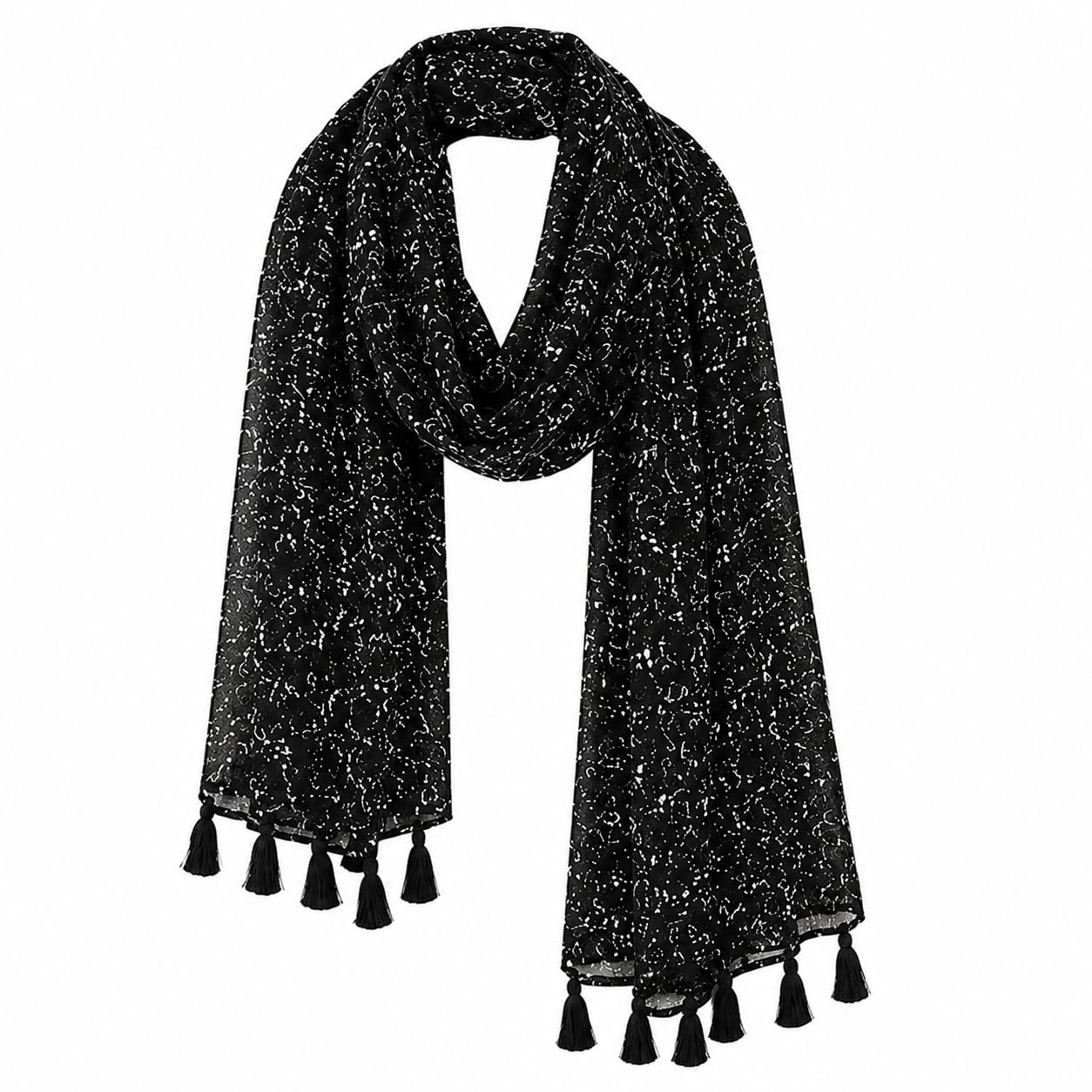 Women's Black Chiffon Scarf with Tassel Ends, Abstract Print