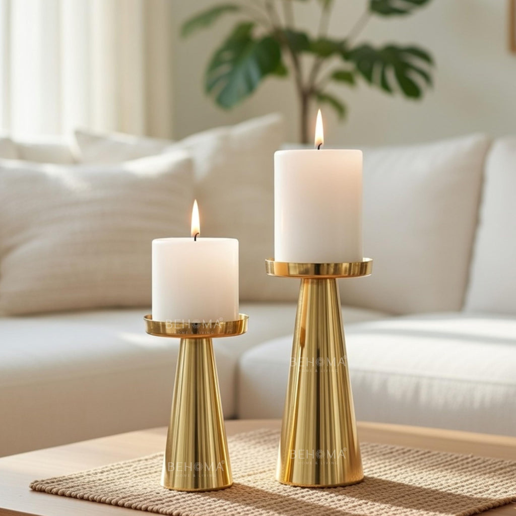 Behoma Solid Large Set of 2 Metal Pillar Candle Holders with Gift Box