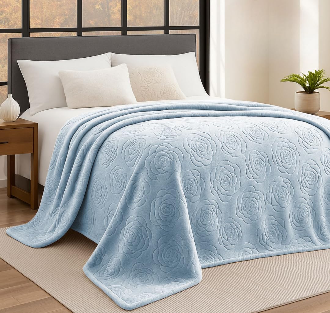BSB HOME Rose Embossed Pattern Mink Blanket for Double Bed 400 GSM | Ultrasoft & Lightweight Solid Embroidery for Heavy Winter & Mild-Winter Couch | Travel (Color - Light Grey, Weight - 2500 Grams) Kafalo