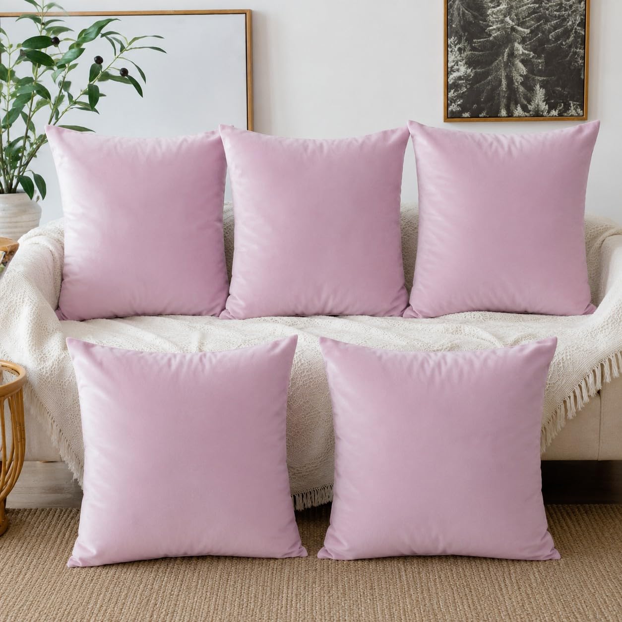 Khooti Velvet Cushion Cover, 26x26 Inch | Baby Pink | Pack of 5 | Solid Plain Soft & Smooth, Decorative Cushion Covers for Living Room, Bedroom, Couches, Chairs, Sofas, Beds & Home Decor