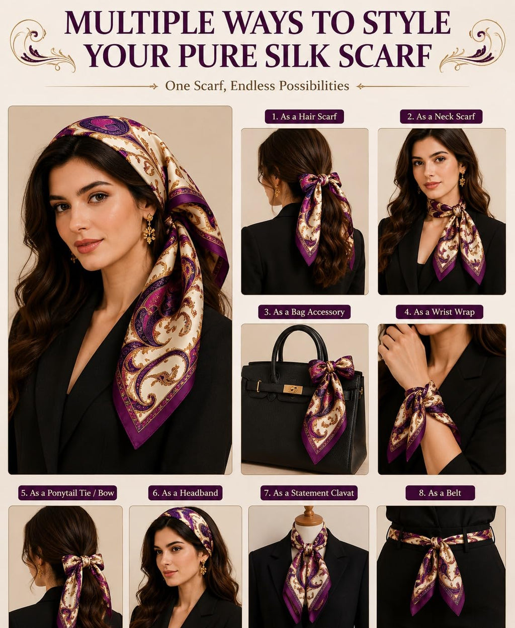 Etietnic Satin Square Head Scarf for Women,PURPLE DESINGH Printed