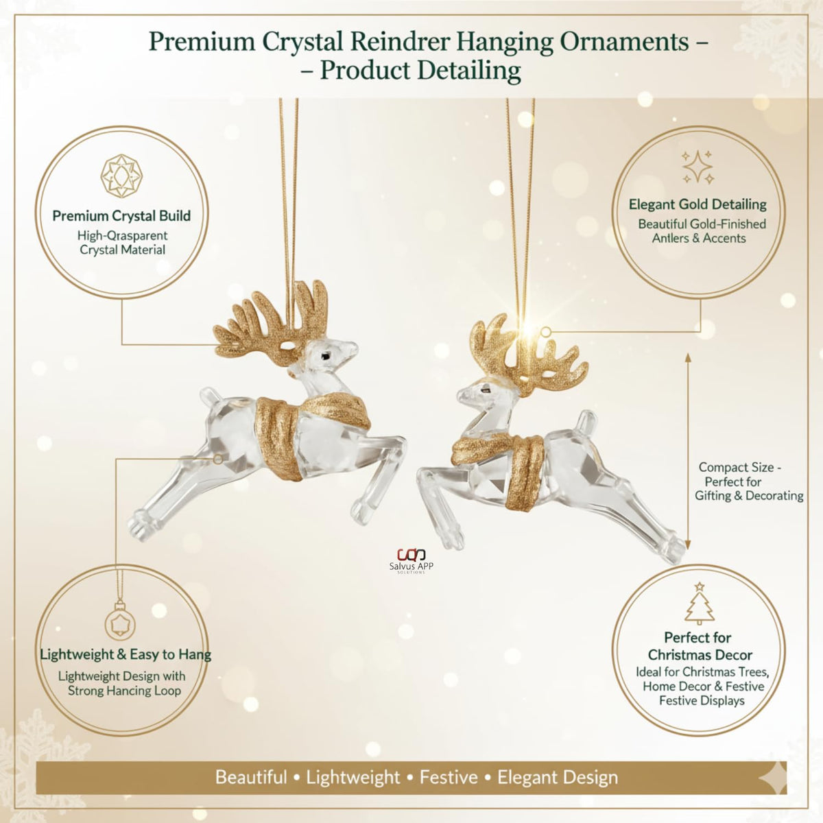 Salvus APP SOLUTIONS Crystal Hanging Deer Ornament – White & Golden Reindeer for Christmas Tree Decoration (3x3.5 Inch)