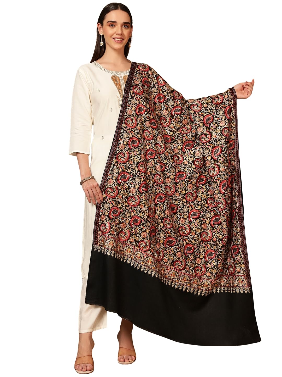 Pashmoda Women Ruhani Fine Wool Nalki Embroidered Shawl (Size: 40x80in, 101x203cm) EMS01