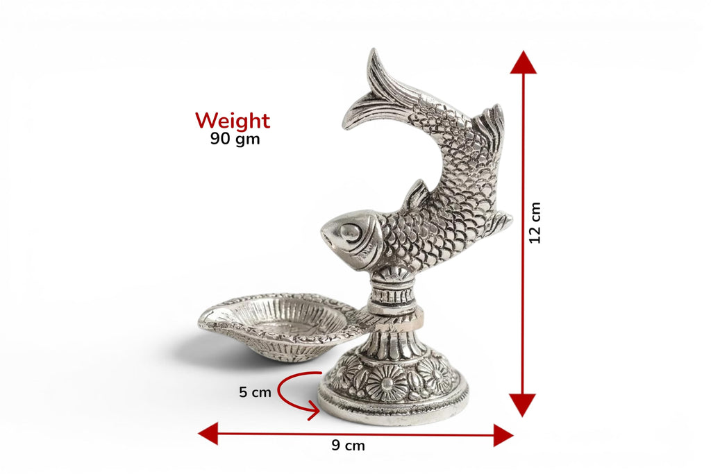 Kridaykraft Fish Diya, Silver, Aluminium, Metallic Silver Finish, 12 cm Height, Traditional Oil Lamp for Puja & Festive Decor