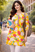 Women's Floral Printed Rayon Short Kurta, Yellow, Round Neck, 3/4 Sleeves, Casual & Office Wear (in, Alpha, 2XL, Regular)