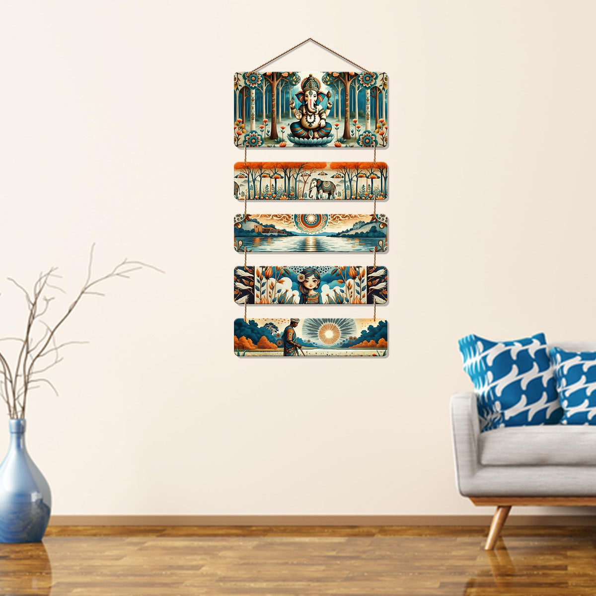 Artvibes Lord Ganpati and Scenic Art Auspicious Wooden Art Work Wall Hanging For Good Luck Properity Vastu | Spiritual Decor Items | Paintings | Wall Poster| Modern Decor Item | Gift Items (WH_6717N)