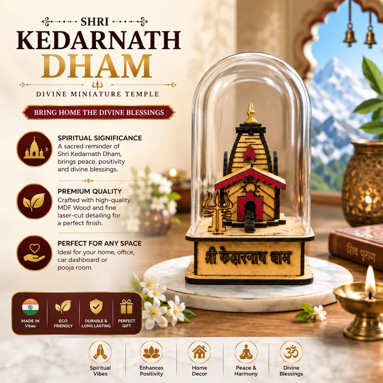 Sacred Kedarnath Dham 3D Glass Model for Home Temple & Office – Unique Wooden Showpiece of Lord Shiva Temple | Religious Gift