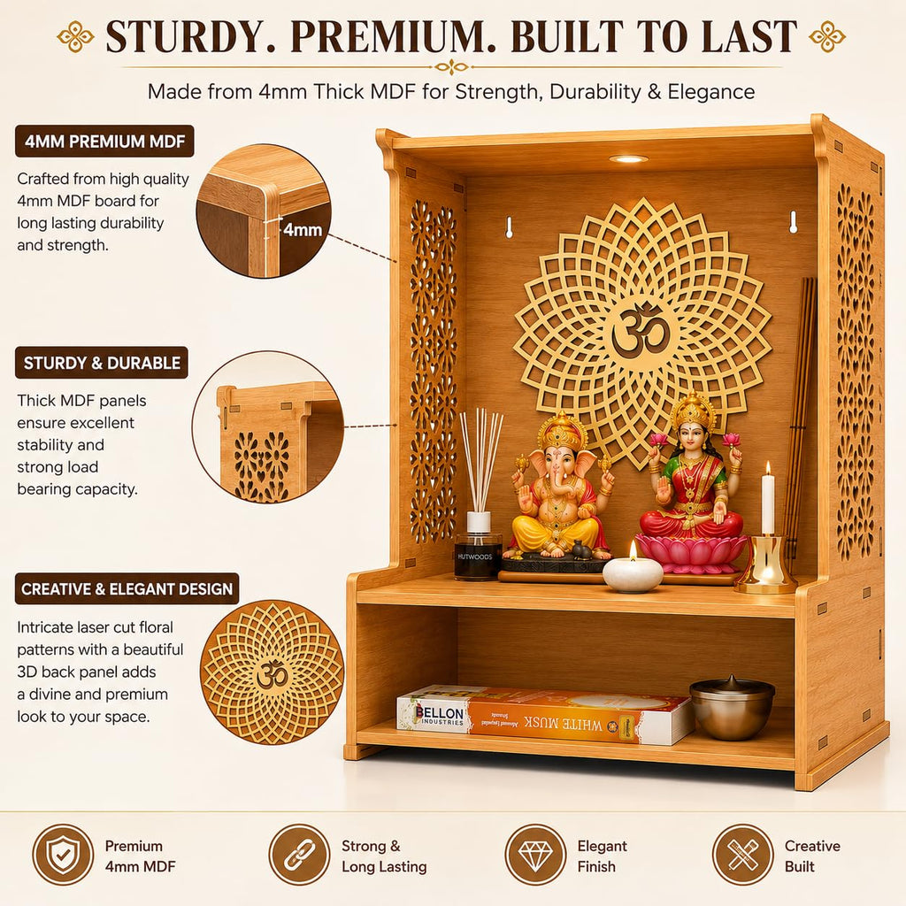 Fliptic Wooden Temple for Home with LED Spotlight | Advance Laminate MDF in Bavarian Beach Finish | Decorative Home Temple for Living Room, Prayer Room, Office & Home Décor | DIY Mandir