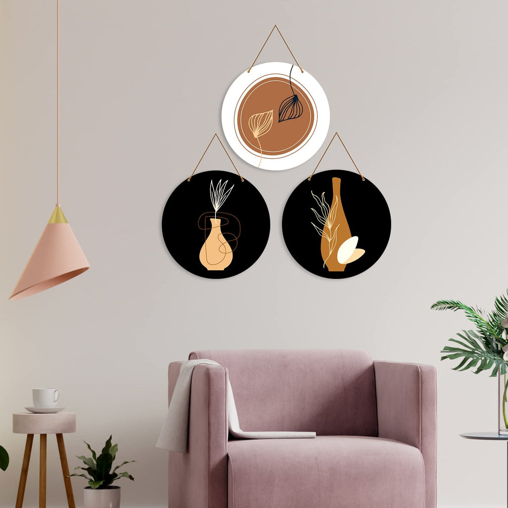 Artvibes Contemporary Abstract Line Art Round Wooden Wall Hanger for Home Decor | Modern Wall Art Paintings | Wall Poster | Handcrafted Art | Artworks Hangings | Ideal Gifts (WH_4208N), Set of 3