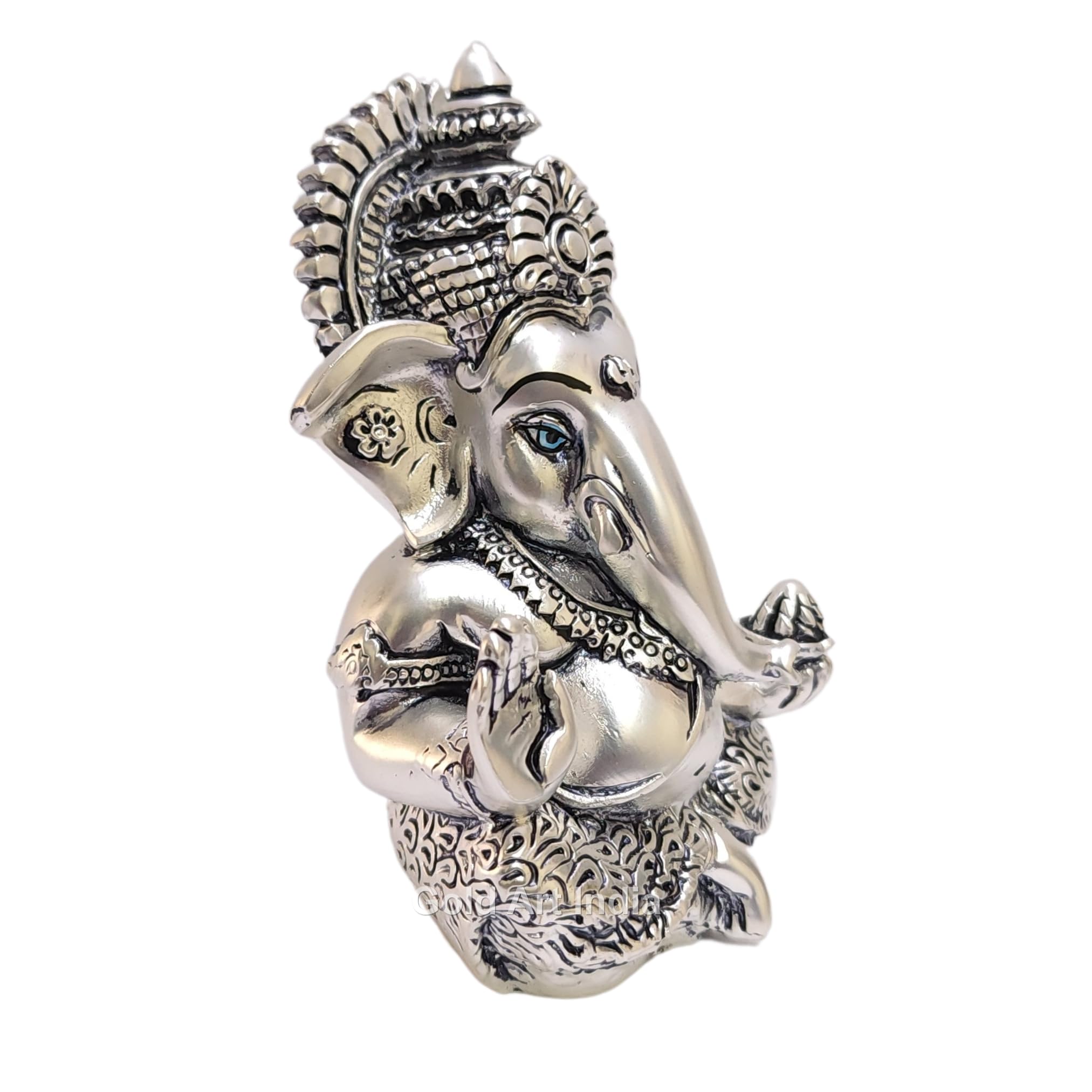 Gold Art India 999 Matte Silver Plated Antique Mukut Ganesha - 3.5 - Perfect for Gifting, Home Decor, Car Dashboard Murti Ganpati Idol for Home Decor Puja Statue Gift for Office Desk Puja Room, God
