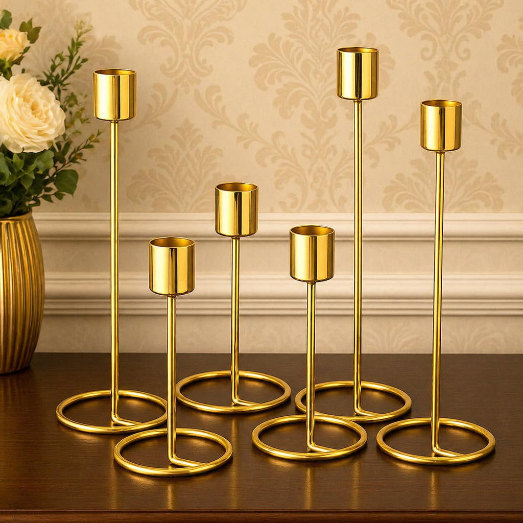 The Arts Box Metal Taper Candle Holder Set of 6 | Gold Decorative Candle Stands for Dining Table, Living Room & Wedding Centerpiece | Modern Tall Candle Holders for Home Decor & Festive Use