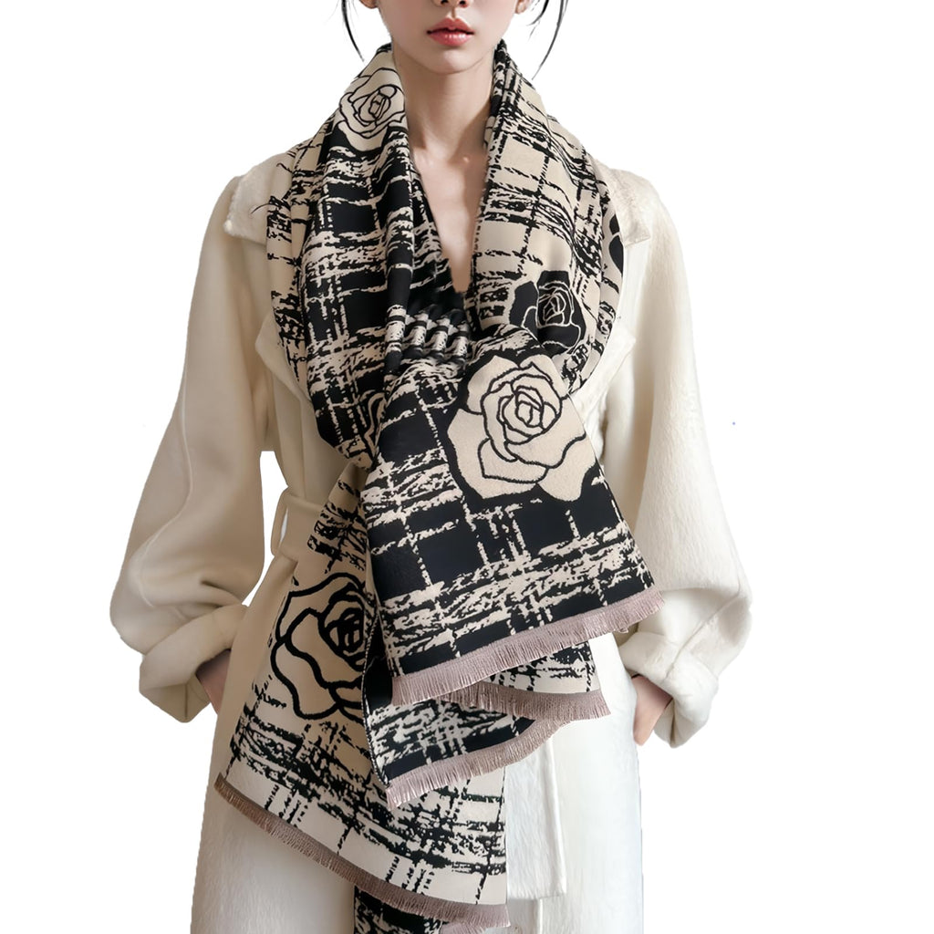LumiSyne Winter Scarf For Women Pashmina Shawls And Wraps Checked Camellia Pattern Elegant Romantic Style Reversible Cashmere Scarf With Tassel Large Long Neck Scarf Thick Warm Wraps Stole, Black, One