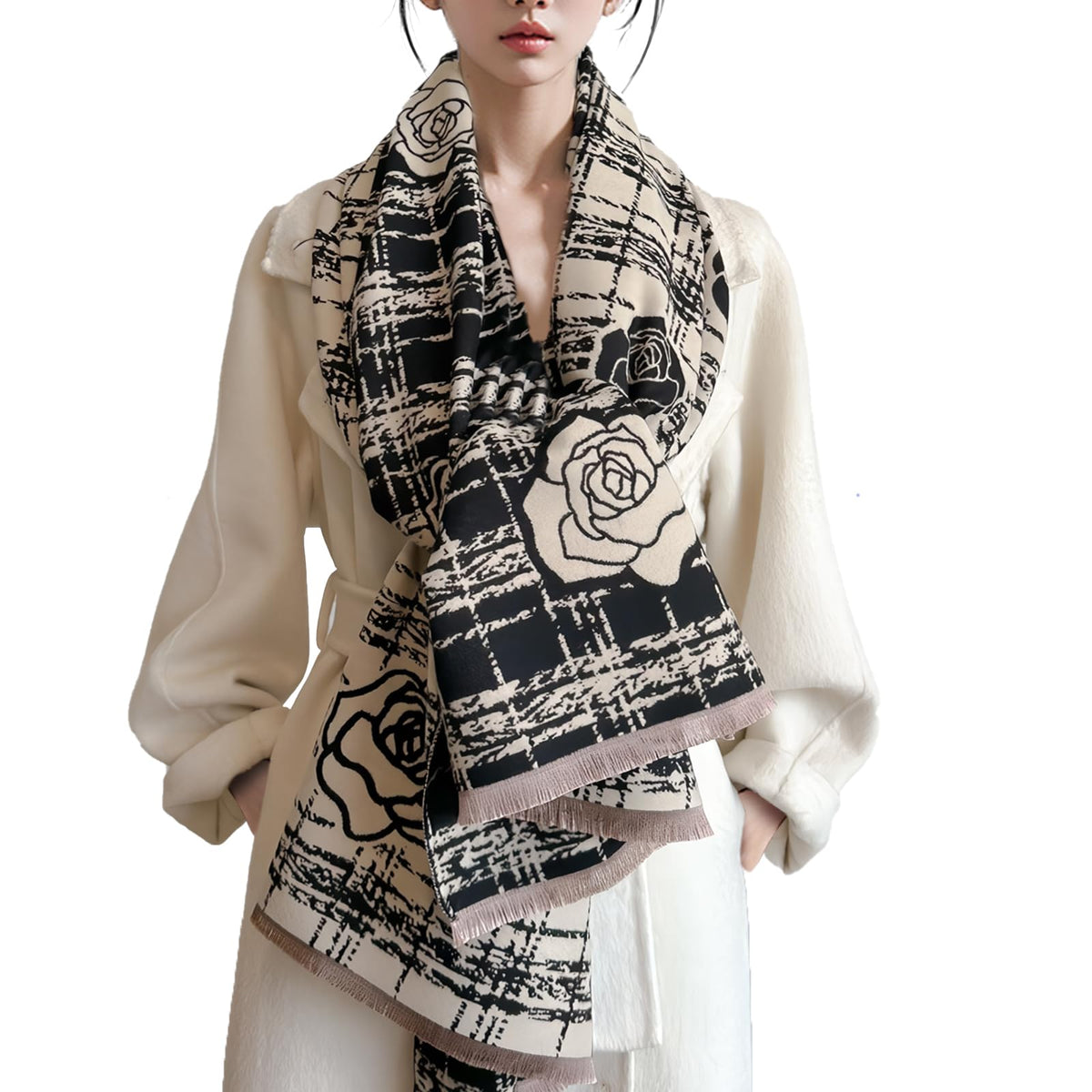 LumiSyne Winter Scarf For Women Pashmina Shawls And Wraps Checked Camellia Pattern Elegant Romantic Style Reversible Cashmere Scarf With Tassel Large Long Neck Scarf Thick Warm Wraps Stole, Black, One