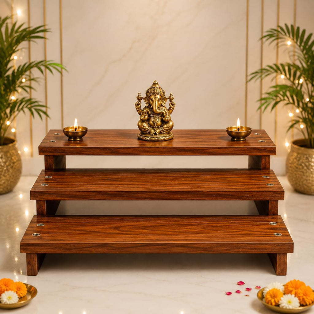 Precious Contemporary 3 Tier Wooden Pooja Chowki for Home Temple, Home, Office | MDF Laminated Mandir Stand | Idol Display Platform | Decorative Temple Organizer | Brown