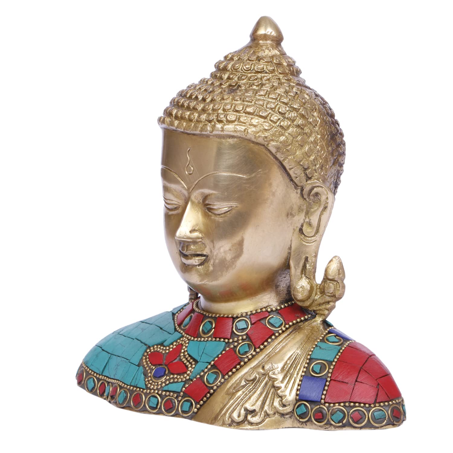 ARTVARKO Brass Buddha Head Bust Statue Turquoise Stone Handwork Home Décor Entrance Office Table Living Room Meditation Luck Gift Feng Shui Showpiece