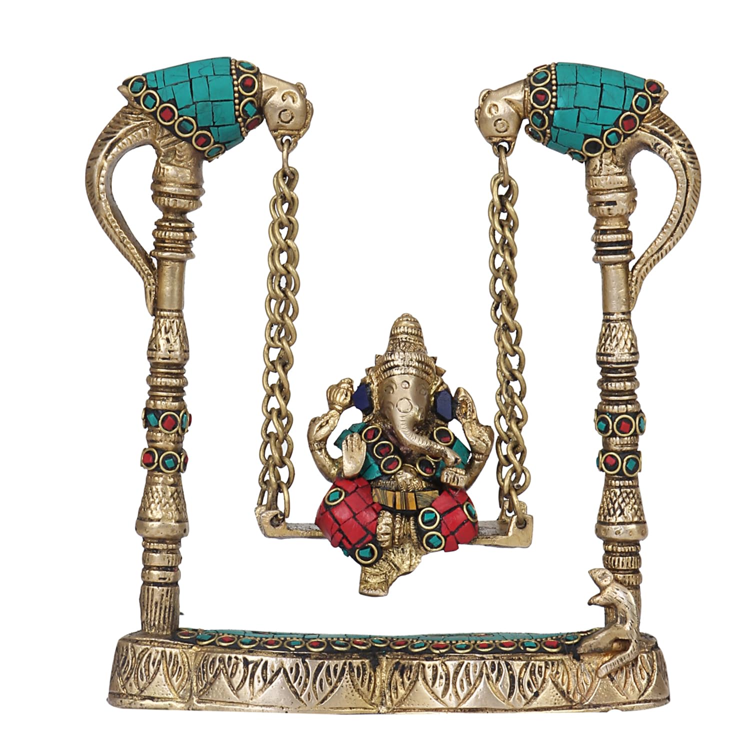 SVARUP Brass Ganesha on Jhoola Ganesh Swing Decor Showpiece Handcrafted Statue 8 Inch, Multicolor