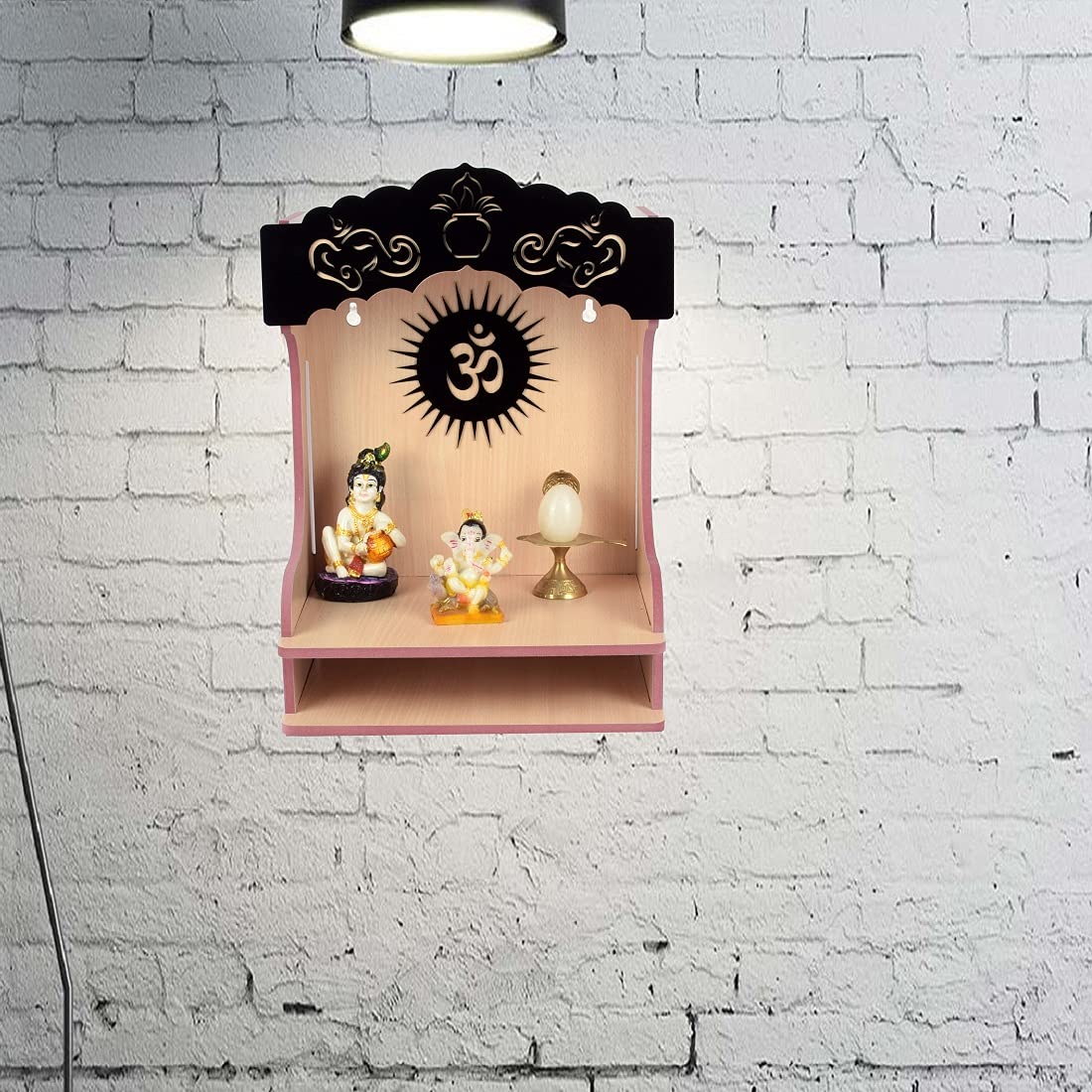 YIXT MDF Wooden Temple for Home with LED Light & Storage | Wall Mount & Tabletop Pooja Mandir | Spacious Shelf with Spot Light