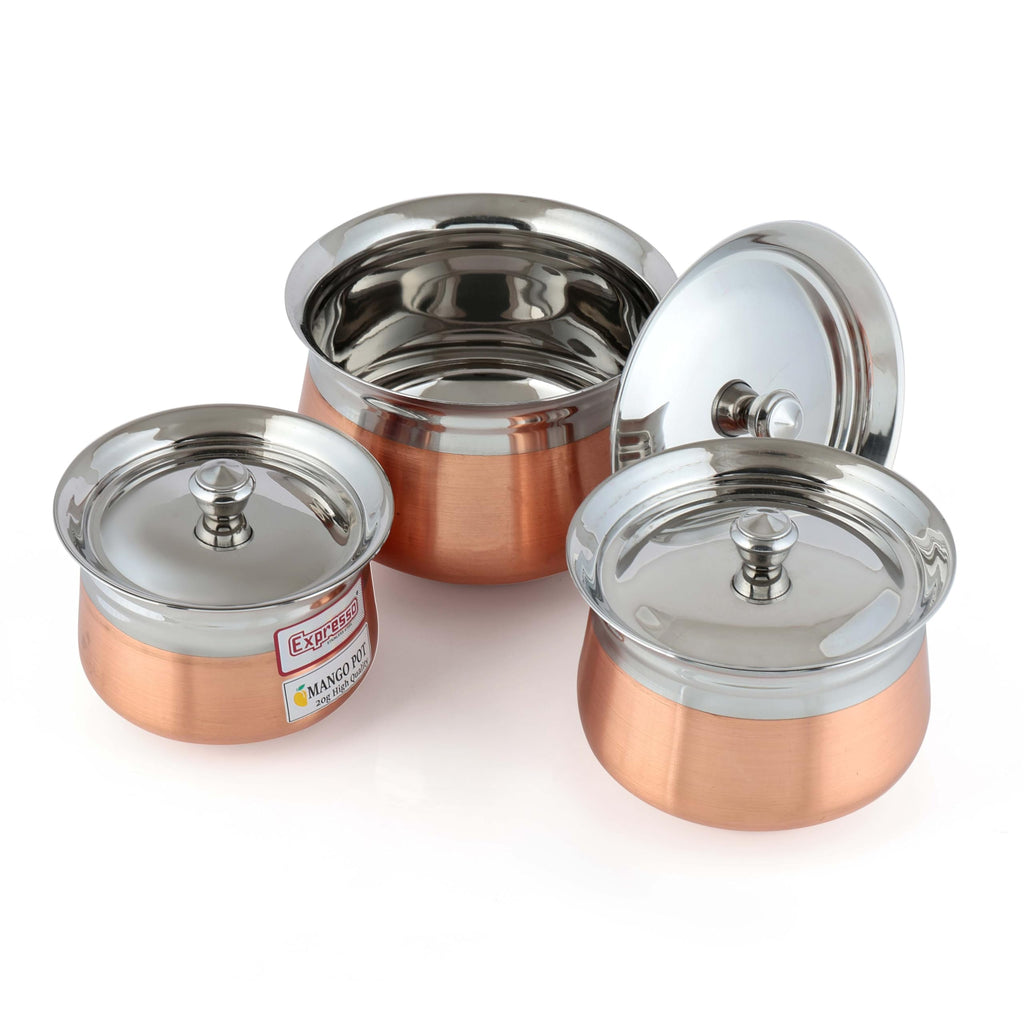 Expresso Steel Handi Set Copper Bottom Handi Set with Lid | Cookware Set of 3 Pieces Cooking Serving Bowl biryani Milk Hot Pot Pan Size - 600/1000/1500ml (Design 4)