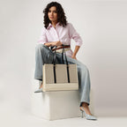 Fastrack Stitchline White Laptop Tote | Faux Leather Work Tote with Black Stitch Accents | 14 Inch Laptop Tote with Three Compartments & Center Zip Pocket | Dual Handles & Organizer Pockets