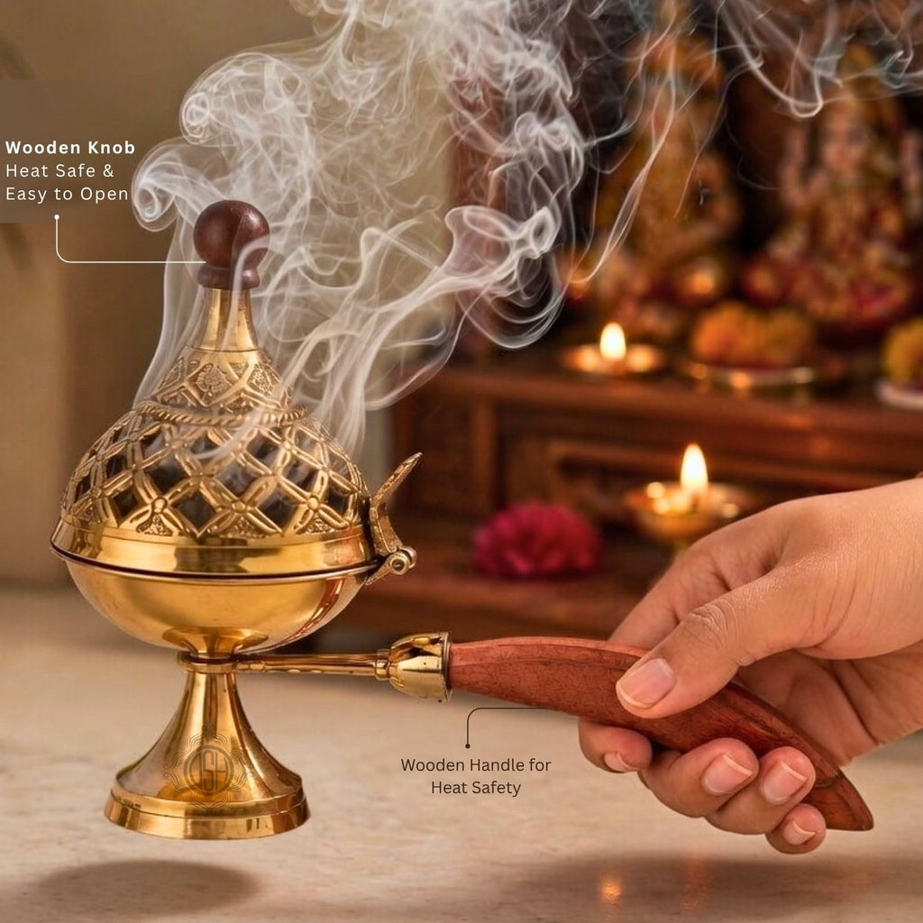 DSH Brass Loban Burner Home Purifying Dhoop Dani Bakhoor Holder Table Incense Burner with Wooden Handle for Home Decoration
