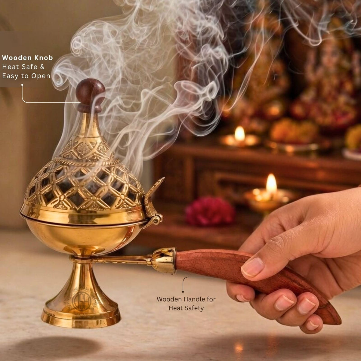 DSH Brass Loban Burner Home Purifying Dhoop Dani Bakhoor Holder Table Incense Burner with Wooden Handle for Home Decoration