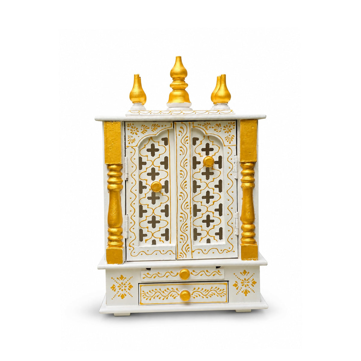 Vipron Handmade Wooden Temple Mandir in White & Gold, Hand-Painted with Carved Panels; Perfect Decorative Pooja Shrine for Home or Office, 30x15x40 cm