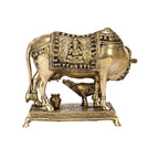 ARTVARKO Brass Cow and Calf Statue Kamdhenu Laxmi Ganesha Engraved on Gau MATA Idol, Spiritual Vastu Nandi Pooja Decor, Gold Color 10 Inch