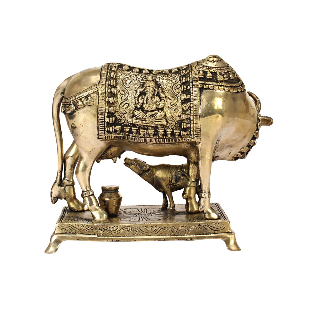 ARTVARKO Brass Cow and Calf Statue Kamdhenu Laxmi Ganesha Engraved on Gau MATA Idol, Spiritual Vastu Nandi Pooja Decor, Gold Color 10 Inch