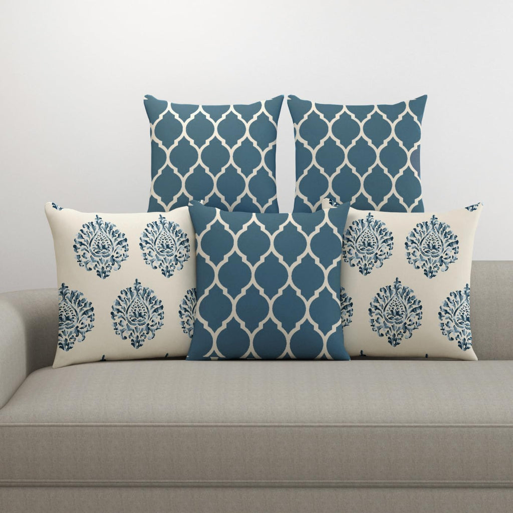 Trance Home Linen Set of 5 Premium 100% Cotton 24x24 inch Cushion Covers Only for Sofa and Diwan | Throw Pillow/Small Cushion Pillow Covers Only (24x24 inch | 60cmx60cm, Dori & Damask Blue) – Set of 5