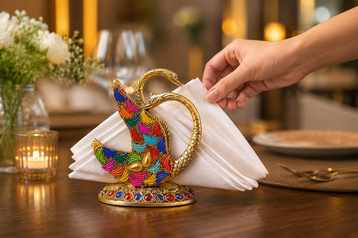 KridayKraft Metal Swan Napkin Holder for Dining Table, Golden Twin Swan Tissue Paper Stand with Leaf Design & Colourful Stone Work, Decorative Tableware for Home, Kitchen, Restaurant & Gifting.