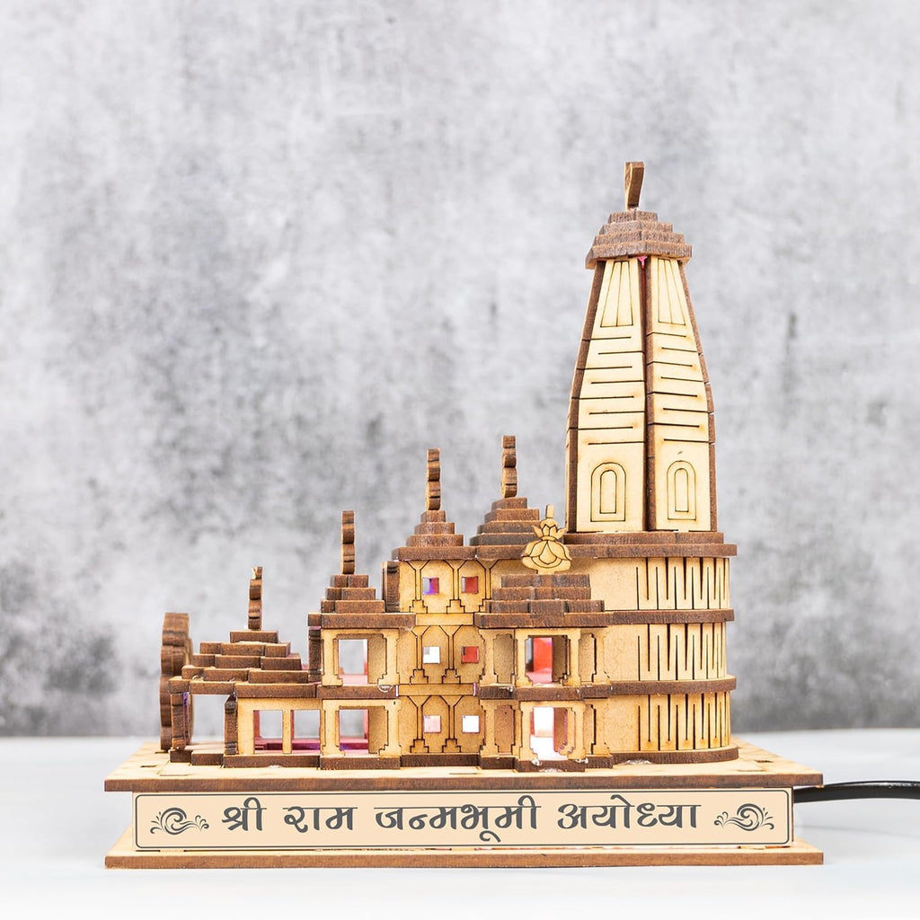 Ram Mandir Ayodhya Model 3D (led light) Replica Handcrafted Wooden Traditional - Intricate MDF Craftsmanship, Authentic Design with multicolour led light, size (6x4) inch/(15/8/13 CM.) (Antique)