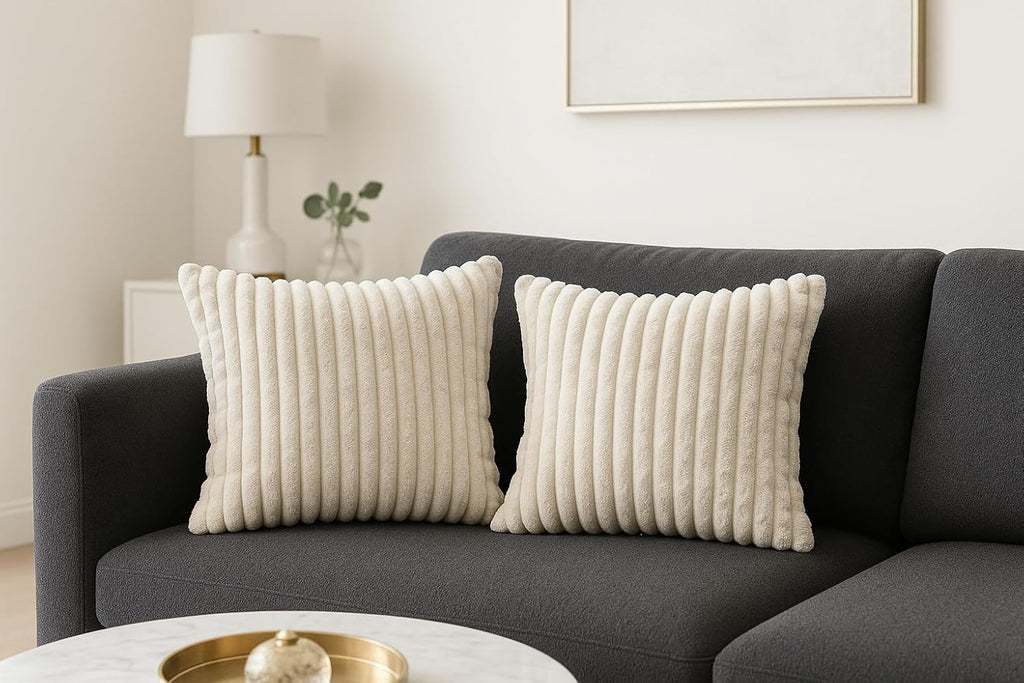 AWARD VELVETS Premium Faux Rabbit Fur Plush Luxury Soft Fluffy Striped Decorative Throw Pillow/Cushion Covers for Sofa, Couch, Living Room - (Beige, 16 x 16 inch) Set of 1