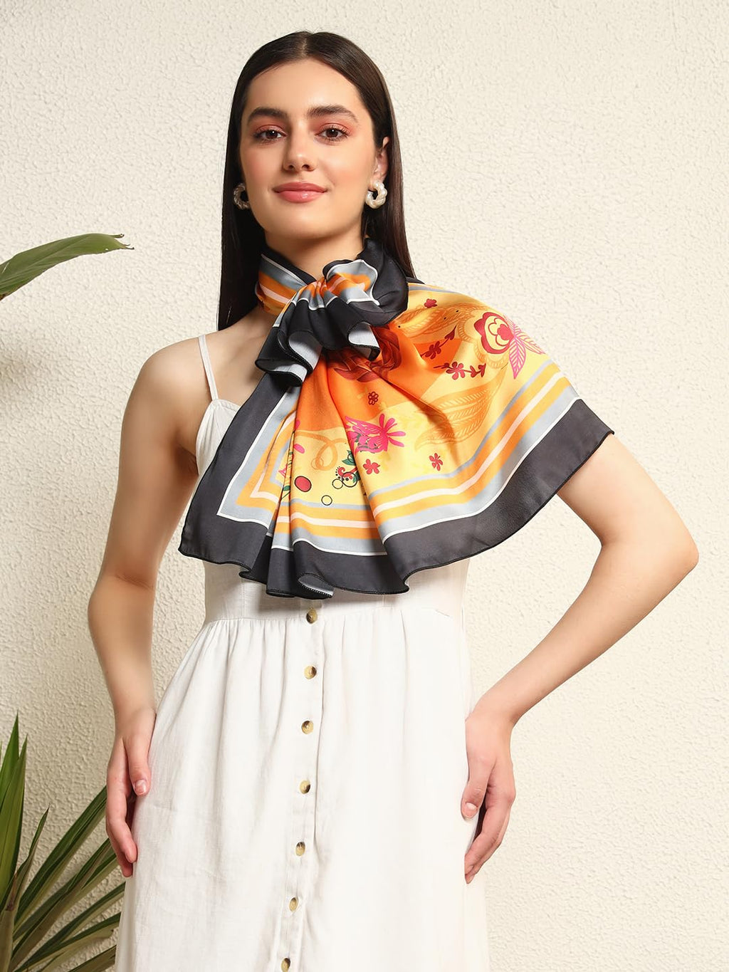 Ravaiyaa - Attitude is everything Women's Crepe Silk Digital Print Large Square Scarf Breathable Lightweight Neckerchief Printed Headscarf 40 x 40 Inch (Black & Yellow Butterfly)