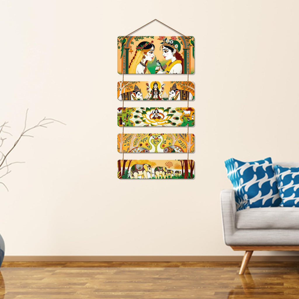 Artvibes Traditional Indian Folk Art Radha Krishna & Animals Wooden Wall Hanger for Home | Spiritual Decor Items | Wall Sculpture | Signs & Plaques | Artwork | Painting | Gift Items (WH_6729N)