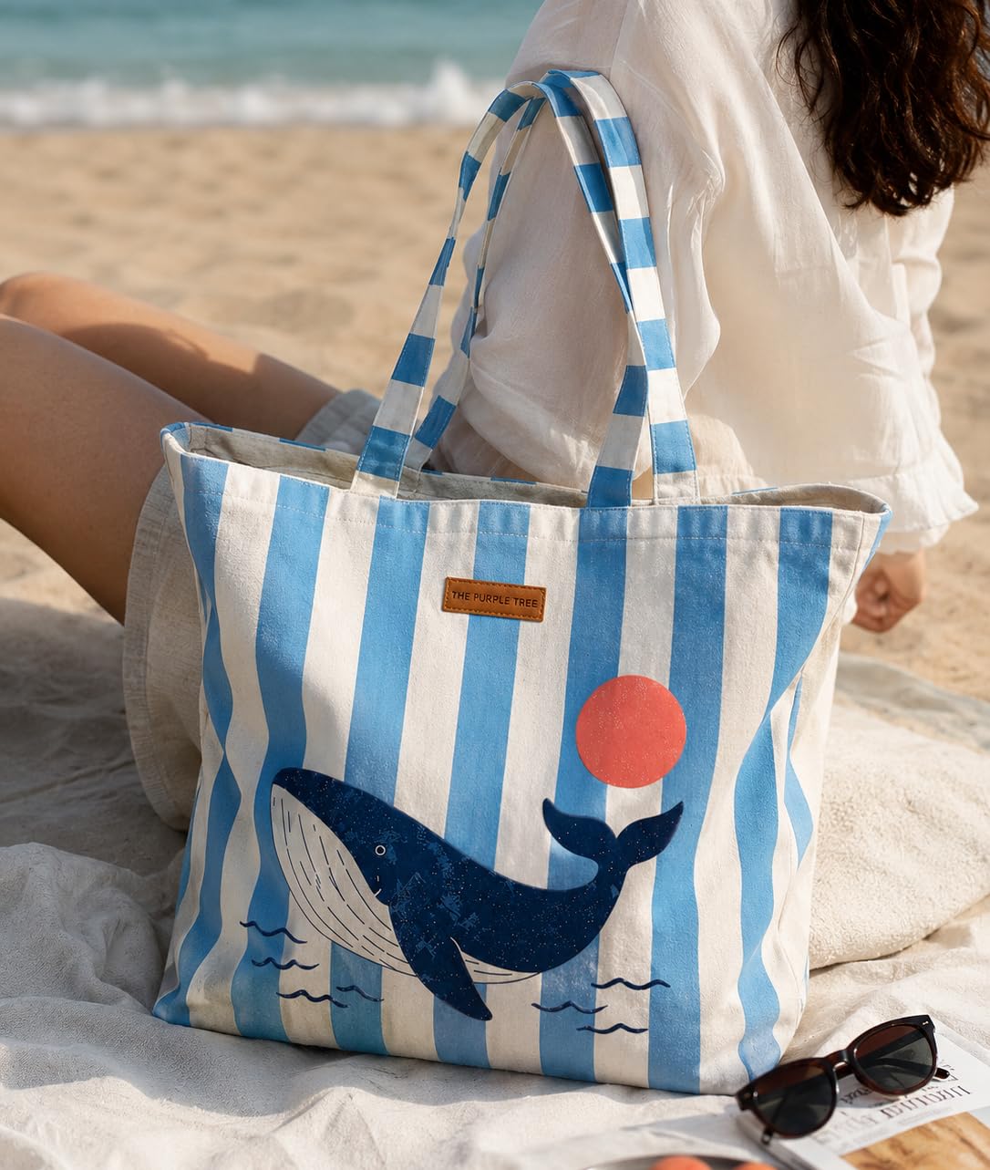 The Purple Tree Blue Tide Whale Tote Bag for Women | Summer Canvas Travel Tote | Beach Bag, Shopping Bag, Vacation Tote | 40 x 45 cm