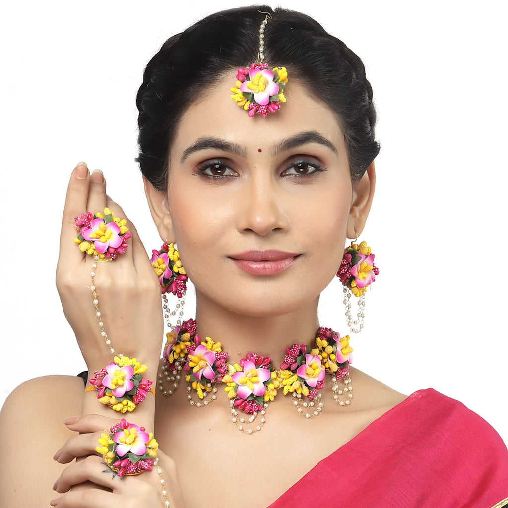 ZENEME Handmade Pink & Yellow Floral Jewellery Set for Women & Girls | Handcrafted Flower Necklace Set with Earrings, Maang Tikka & Pair of Hathphool | Mehendi, Haldi, Wedding & Bridal Jewallery