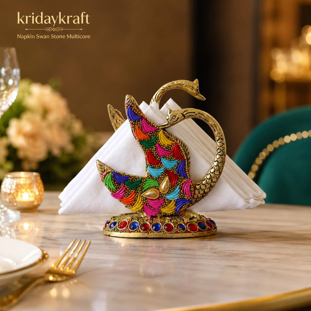 KridayKraft Metal Swan Napkin Holder for Dining Table, Golden Twin Swan Tissue Paper Stand with Leaf Design & Colourful Stone Work, Decorative Tableware for Home, Kitchen, Restaurant & Gifting.