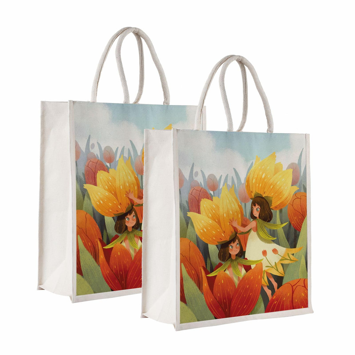 Sangra Pack of 2 Printed Canvas Tote Bag for Women | Eco Friendly Reusable Shopping Bag | Stylish Multipurpose Carry Bag for Grocery & Daily Use