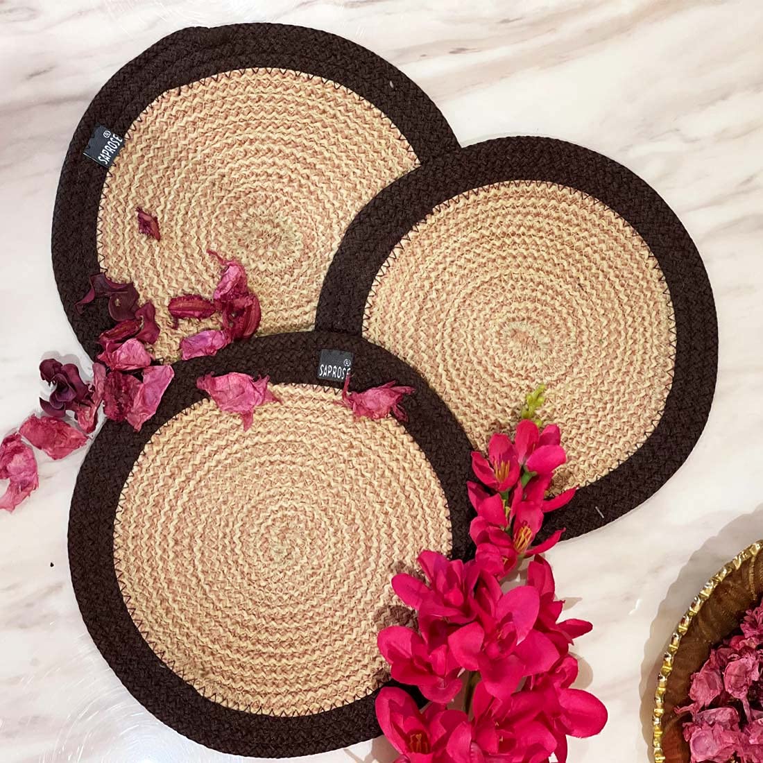 ST SAPROSE ® Polypropylene Round Trivet (3 PCS Set, Size: 23 cm) Pot MAT, Side Table Mat, Machine Washable Small Place Mat for Casserole for Dining Table (9 Dia, Brown)