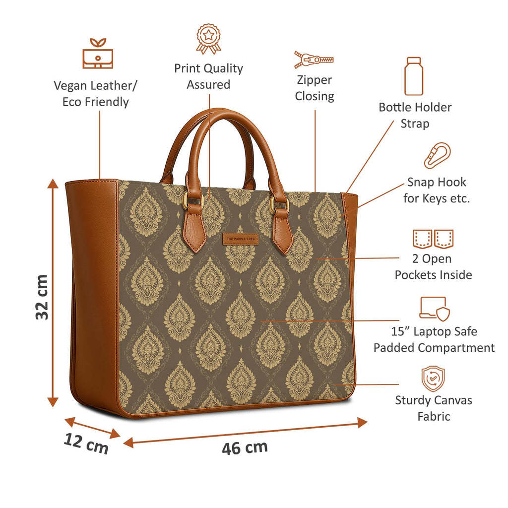 The Purple Tree Women's Office Essential Bag | Vegan Leather Handbag with Laptop Compartment | Spacious Office Bag | Durable Non-Fade Designer Work Tote for Travel, College & Daily Use (Royal Motif)