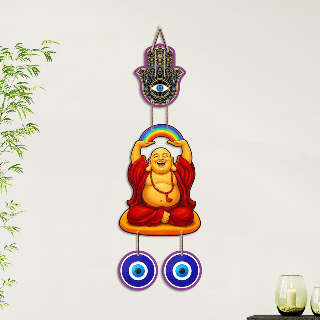Artvibes Rainbow Laughing Buddha Evil Eye Wall Hanging Decor For Living Room | Bedroom | Office | Joy Happiness and Positive Energy Wall Accent | Nazar Battu Ornament for Home Entrance (WH_85145N)