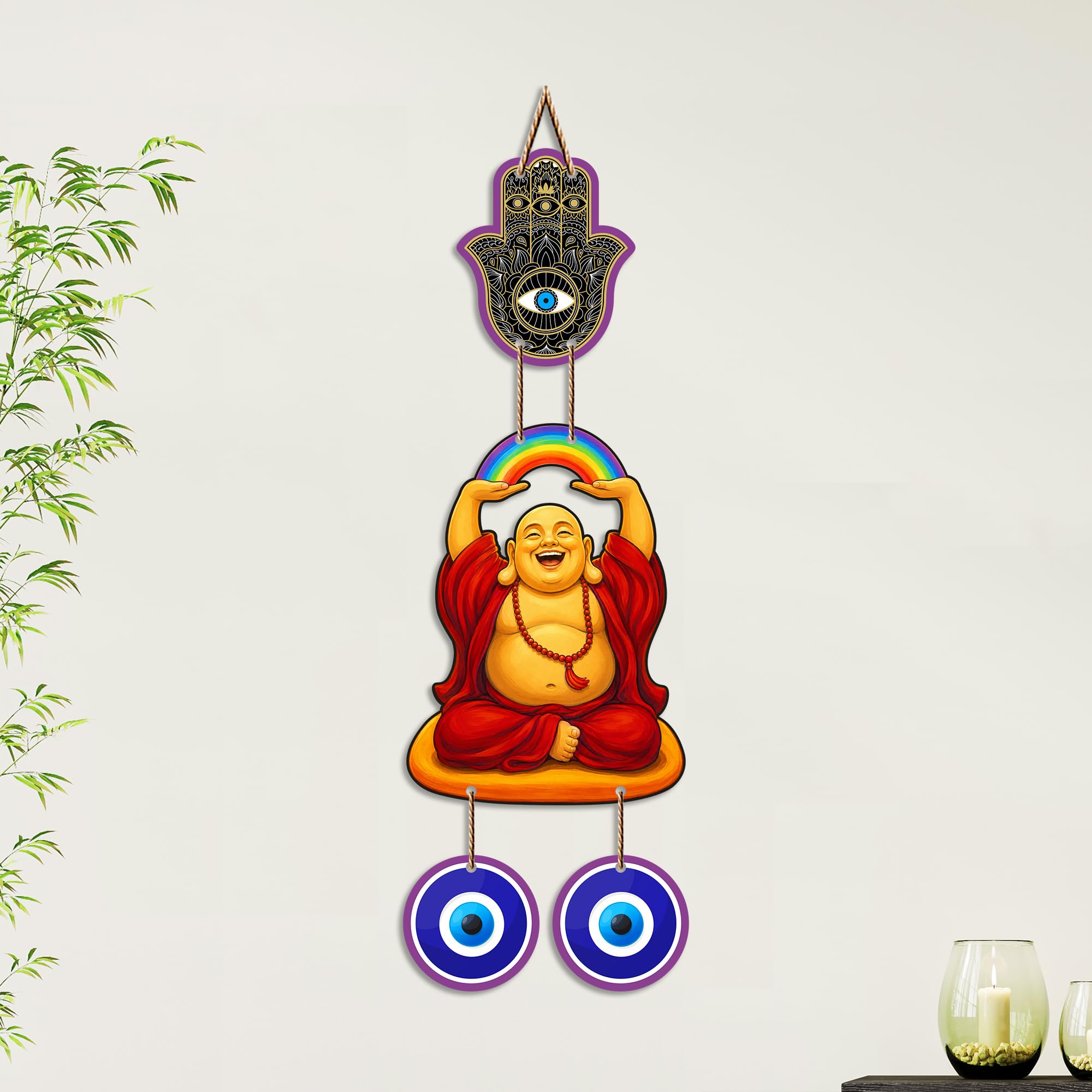 Artvibes Rainbow Laughing Buddha Evil Eye Wall Hanging Decor For Living Room | Bedroom | Office | Joy Happiness and Positive Energy Wall Accent | Nazar Battu Ornament for Home Entrance (WH_85145N)
