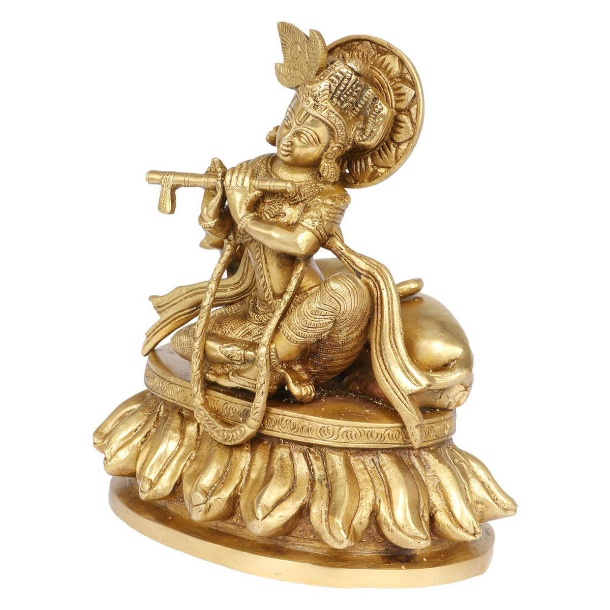 Svarup Brass Shri Krishna Idol with Cow Kishan Bhagwan Murti Lord Krishna Cow Statue with Flute Big Size Height 8.5 Inch Weight 3.3 Kg Color Gold