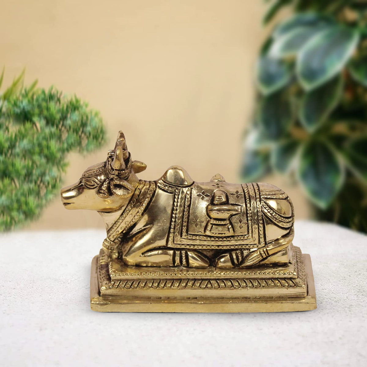 Artavrko Brass Nandi Shiv Parvati Vehicle Bull Carving on Shivling & Trishul Statue Brass Idol Showpiece Home Décor Office Puja Temple(LxBxH 14x6x9 cm)