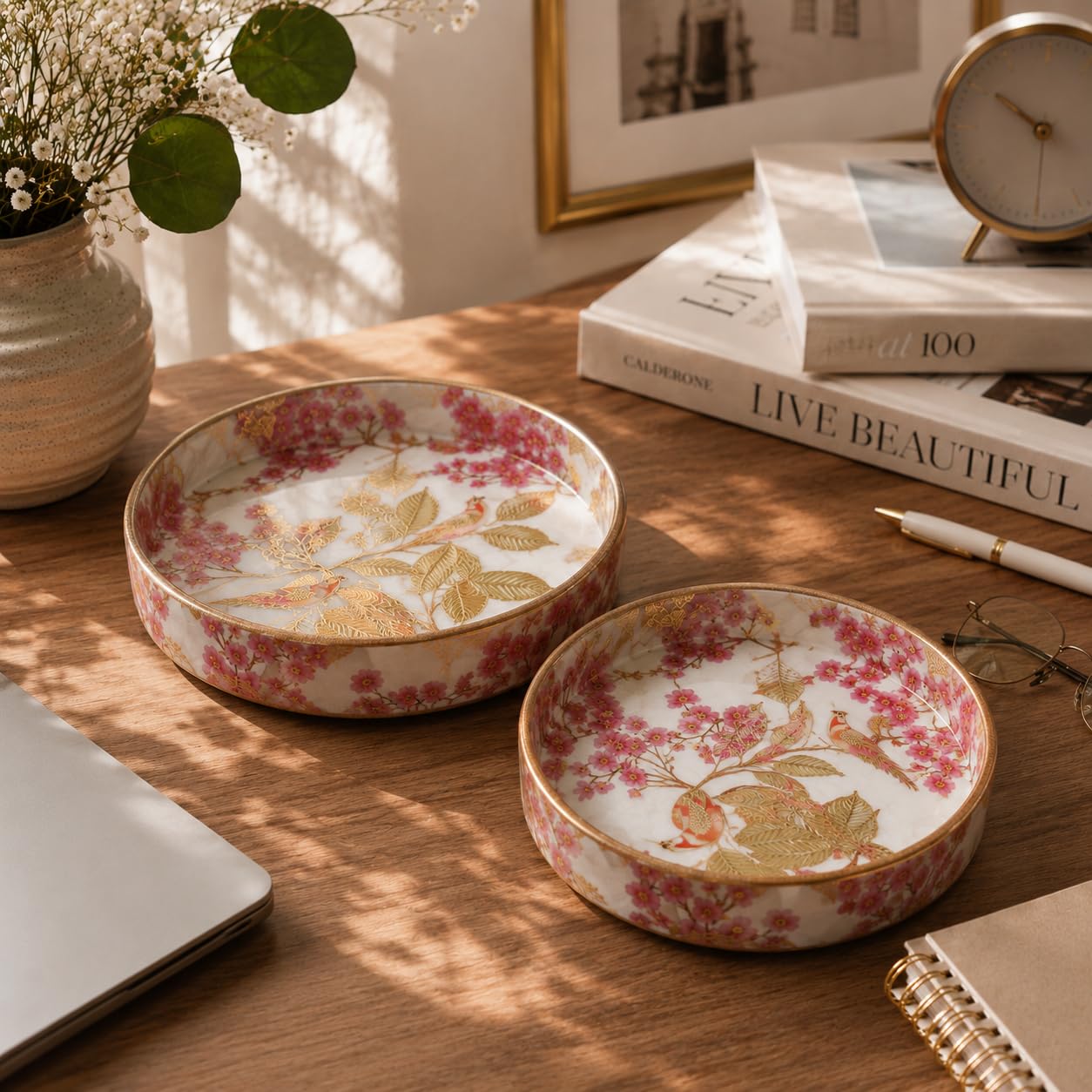 Dreams n Decor Pink Blossom Round Wooden Tray Set of 2 | MDF Serving Tray with Bird & Floral Enamel Print | Decorative Tray for Home, Coffee Table & Gifting | 7 & 9 Inch
