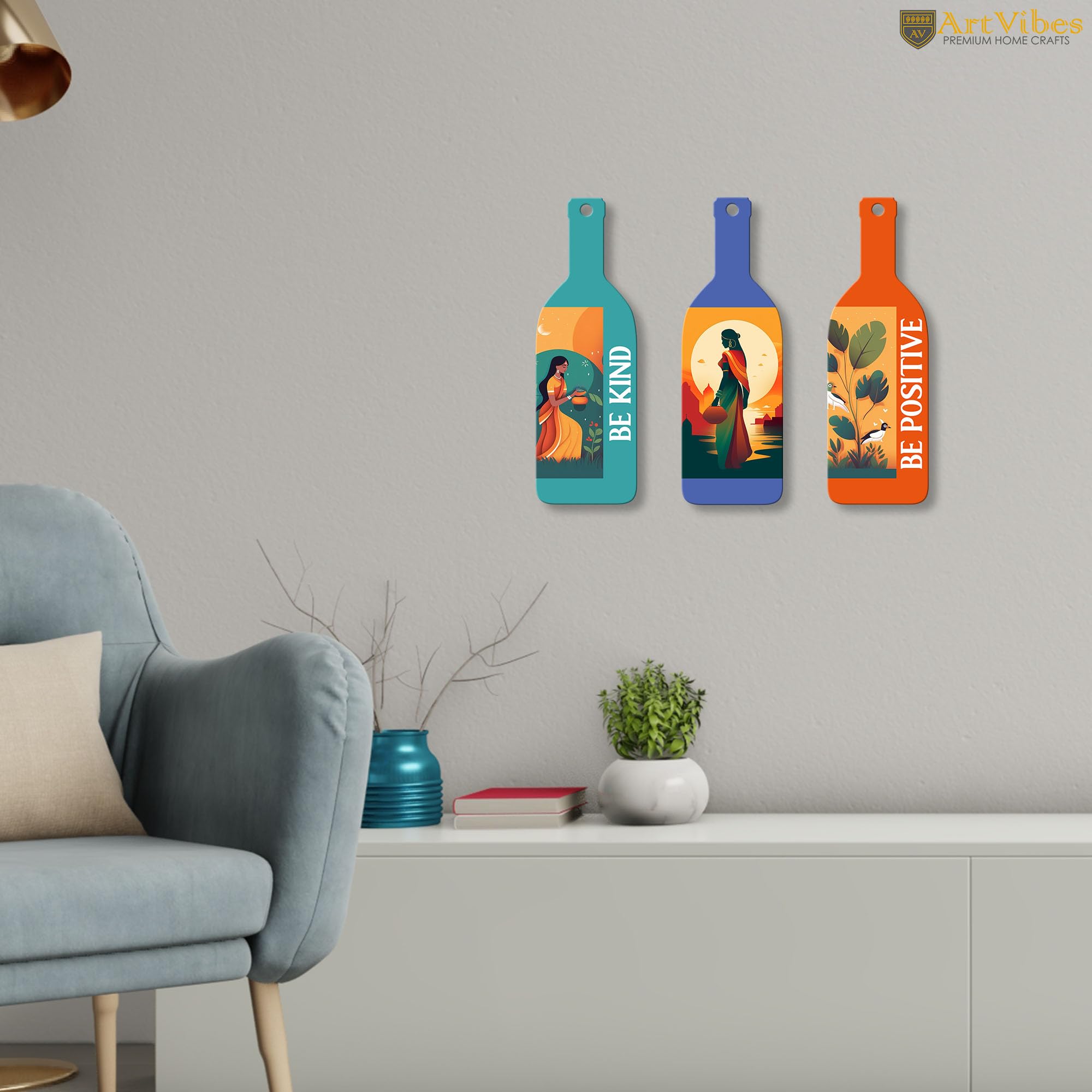Artvibes Be Kind Be Positive Decor Wall Hanging Wooden Art | Quotes Decor Item | Wall Poster | Art Prints | Office Decor | Wall Art Print | Inspirational Quotes | Gift Items (WH_9521N), Set of 3