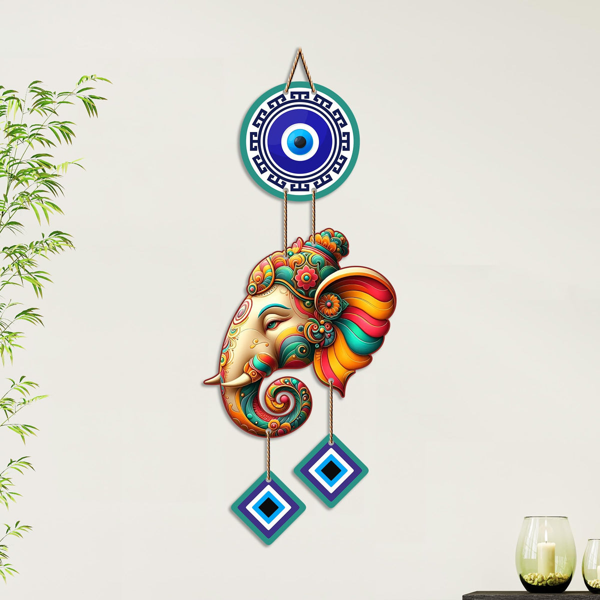 Artvibes Vighnaharta Ganesh Evil Eye Wall Decor for Main Door Entrance | Nazar Protection Hanging for Home Temple Living Room Office | Spiritual Vastu Good Luck Decorative Wall Art Gift (WH_8568N)