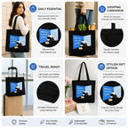DANIOO Large Cotton Canvas Tote Bag for Women - Black College Handbag with Bottle Holder & Inner Pocket - Introvert Panda