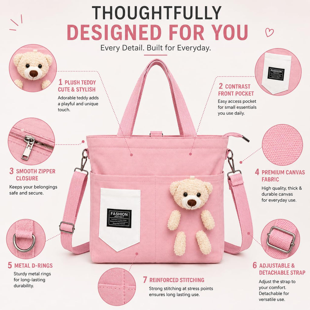 BROGBUS Canvas Tote Bag for Women with Teddy Bear Charm, 3-Way Convertible Crossbody Shoulder Handbag, Adjustable Sling Strap, Zipper Closure, College Travel Shopping Bag, Pink, 34 x 33 cm